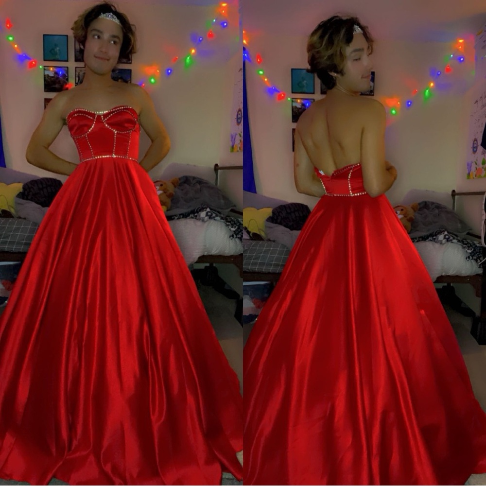David's Bridal Red Strapless Prom Dress